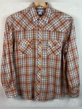 VTG Wrangler Mens XL Pearl Snap Western Shirt Plaid Cowboy Long Sleeve Orange